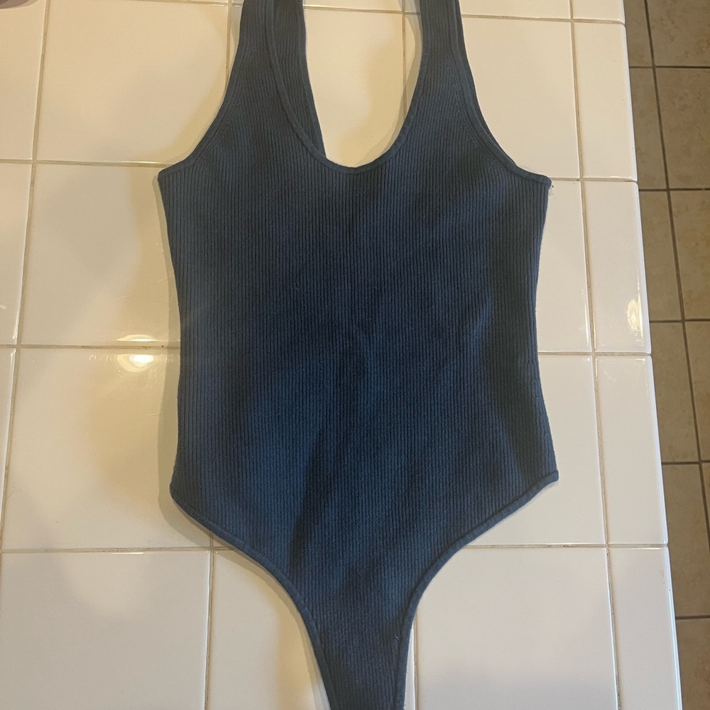 Blue Ribbed Thong Bodysuit - Picture 3 of 3